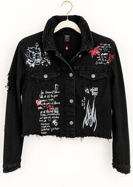 Redfox Black Graffiti Distressed Crop Jean Jacket 2XL